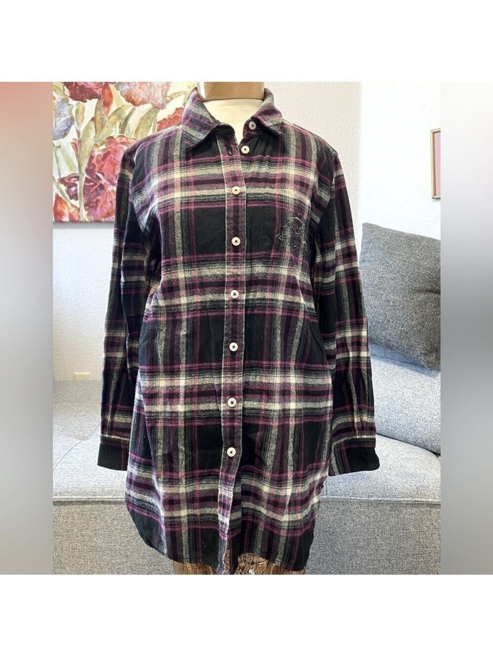 SOFT SURROUNDINGS long sleeve elbow patch button down plaid flannel ladies shirt